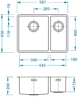 ALVEUS köögivalamu MONARCH QUADRIX 120 vasak, 545x400x200mm, U, roostevaba teras, antratsiit