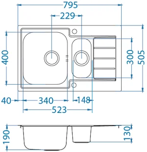 ALVEUS köögivalamu LINE MAXIM 70, 795x505mm, F/S, pööratav, roostevaba teras, satiin