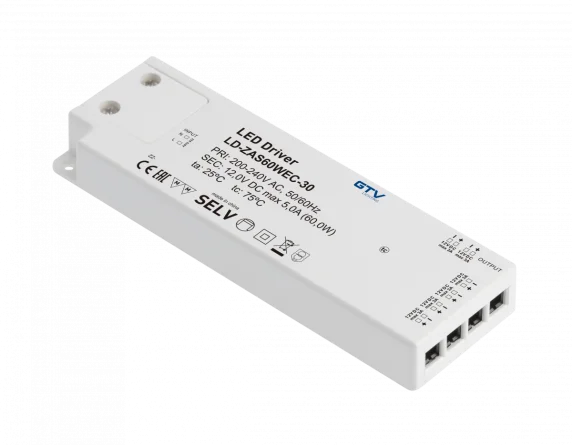 GTV LED trafo SLIM EASY CLICK 12V, 60W, 220-240VAC, IP20, 190x62x21 mm kaabli ja 6 pesaga.