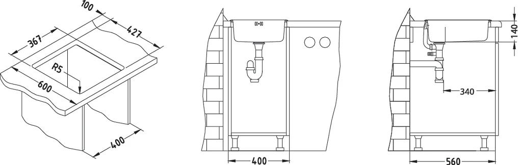 ALVEUS köögivalamu BASIC 10, 380x440mm, I, roostevaba teras, satiin